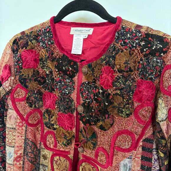 Velvet Patchwork Red Eclectic Witch Charmed Medieval Boho Tapestry Jacket Medium - Picture 2 of 9